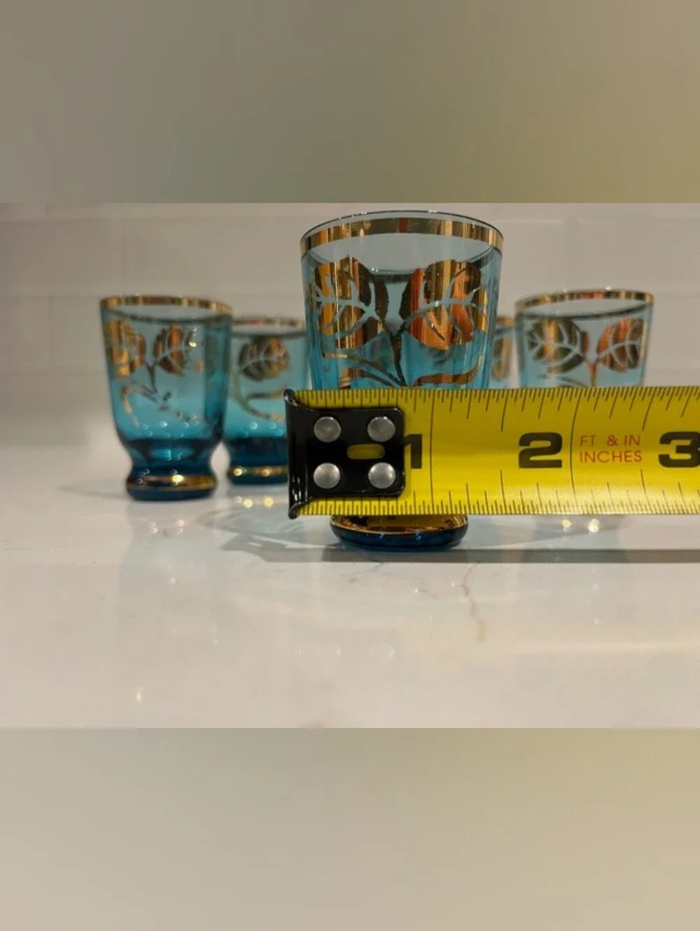 Vintage MCM Bohemian‎ Blue & Gold Gilded Liquor Decanter Set With 6 Glasses